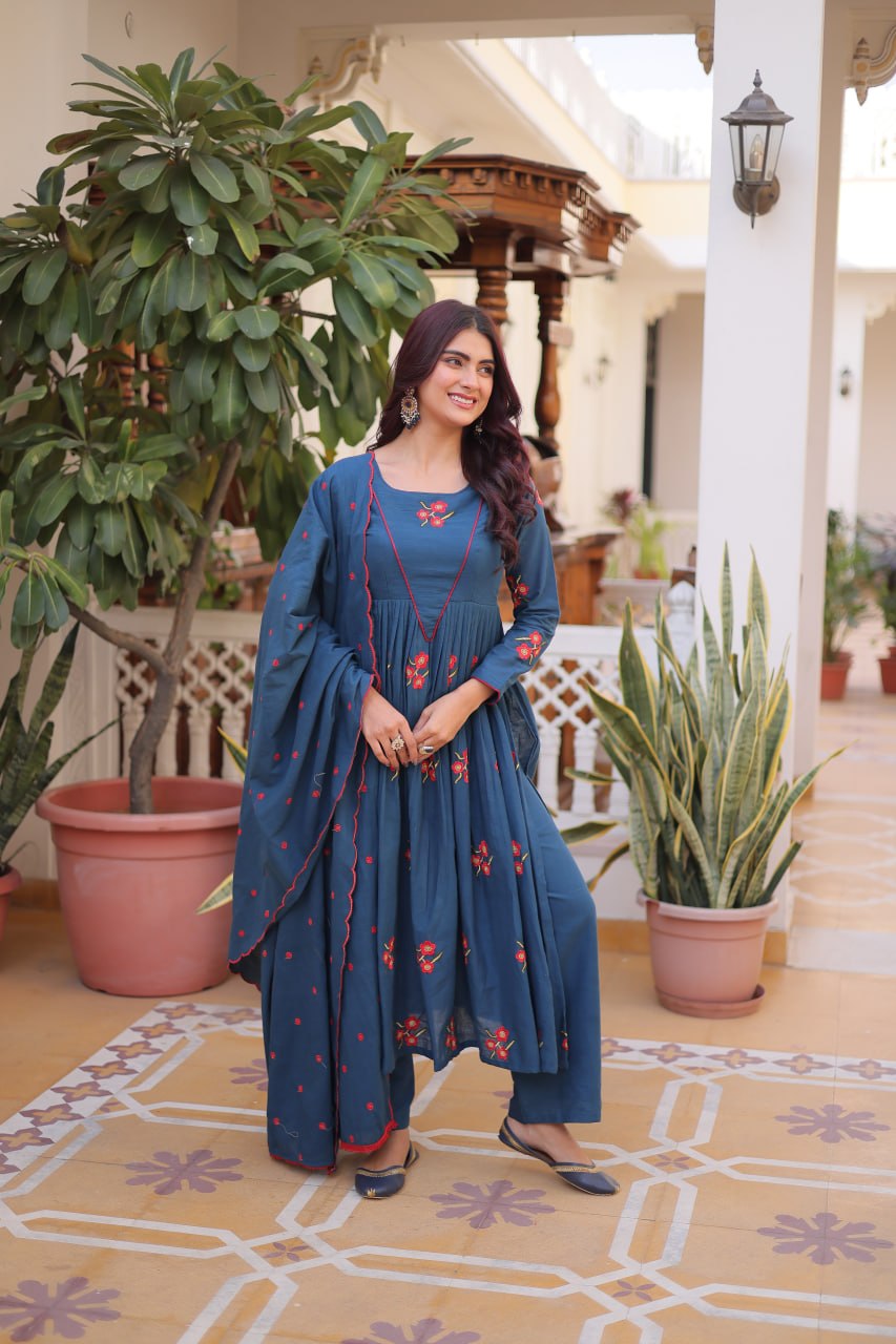 Elegant Cotton Embroidered Kurti Pant Dupatta Set