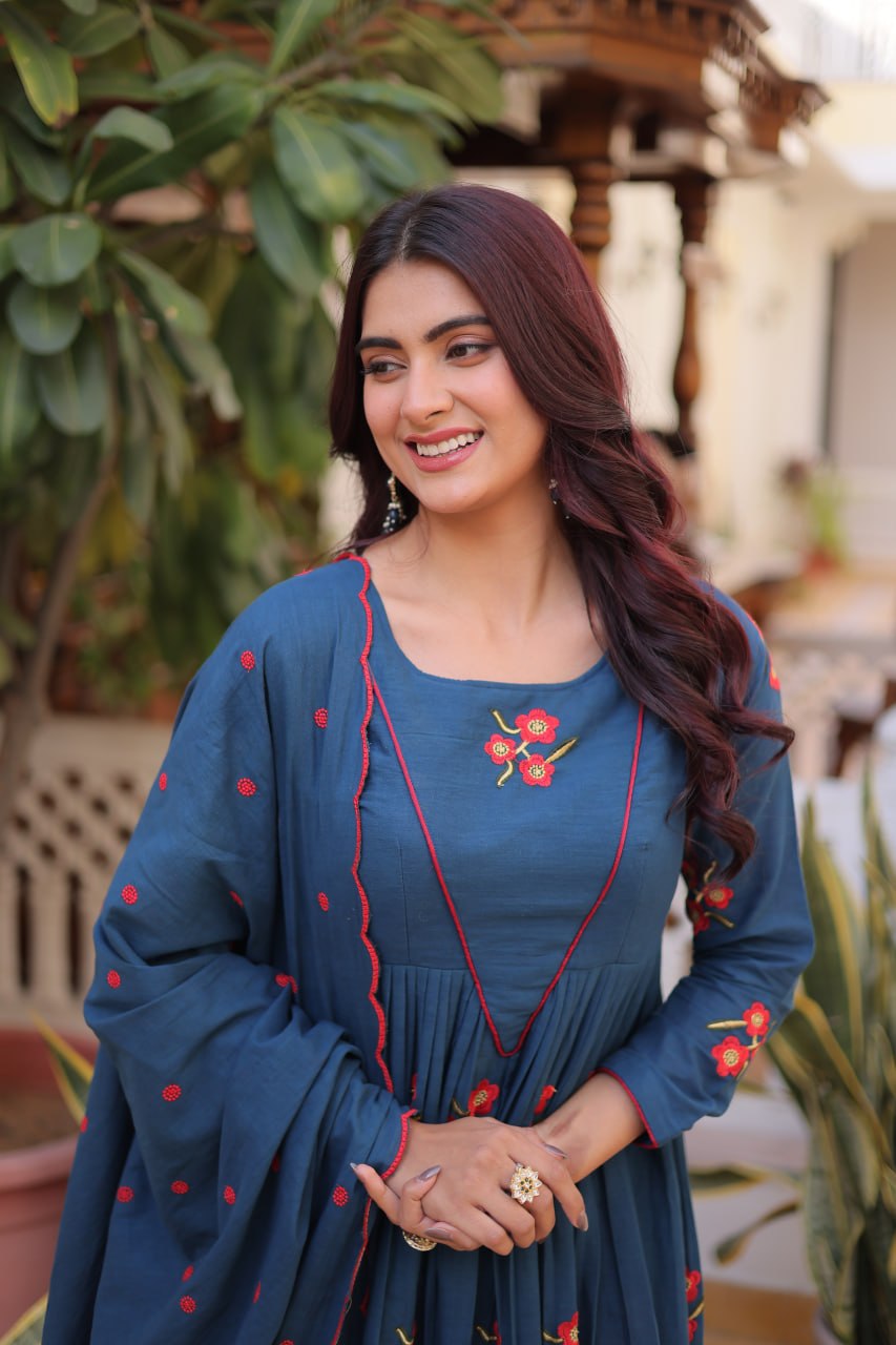 Elegant Cotton Embroidered Kurti Pant Dupatta Set
