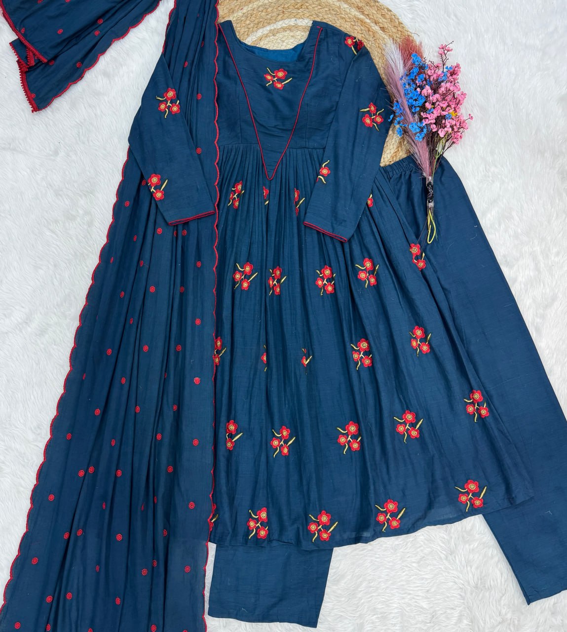 Elegant Cotton Embroidered Kurti Pant Dupatta Set