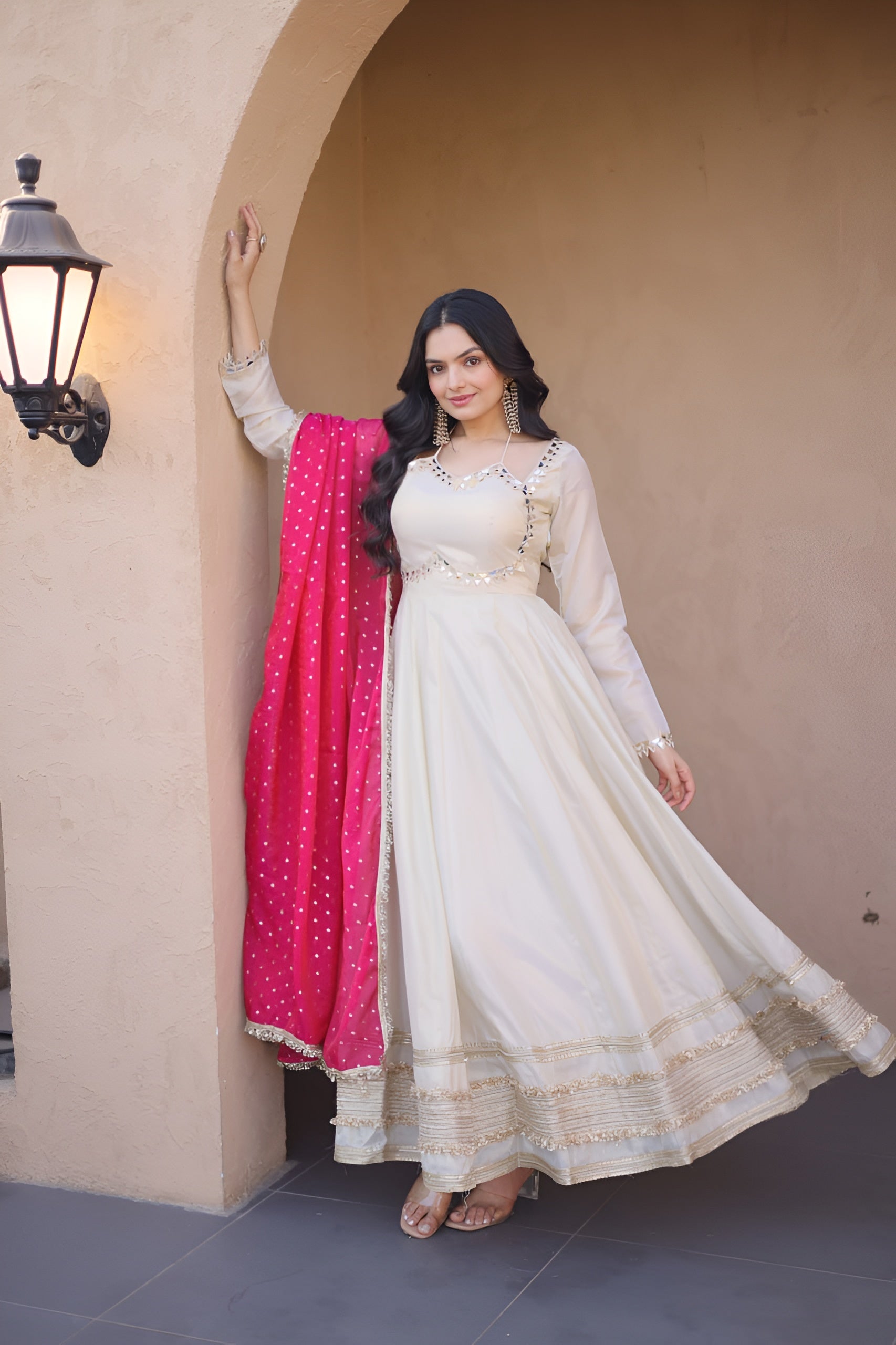 Designer Mirror Work Ethnic Gown With Dupatta
