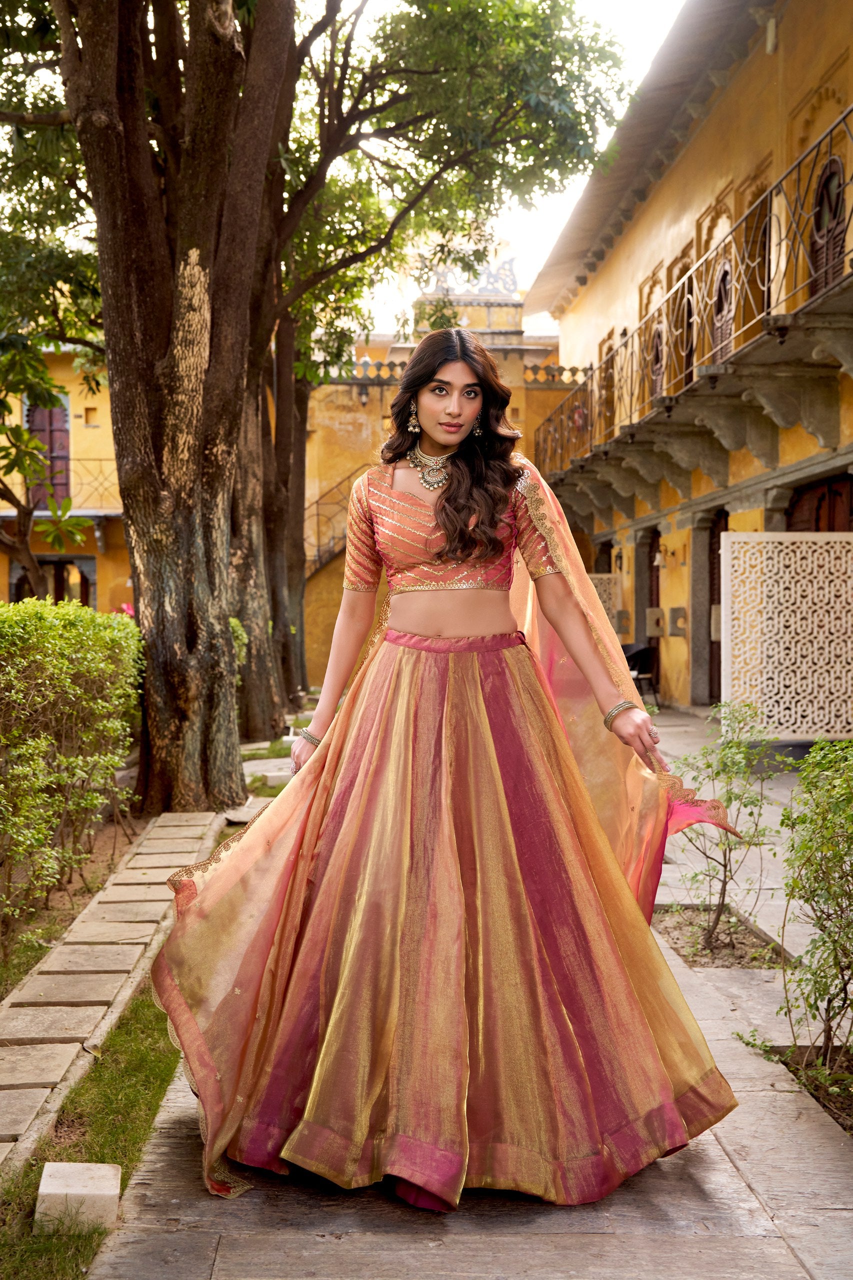 Designer Embroidered Carika Silk Lehenga Choli Set with Unstitched Blouse
