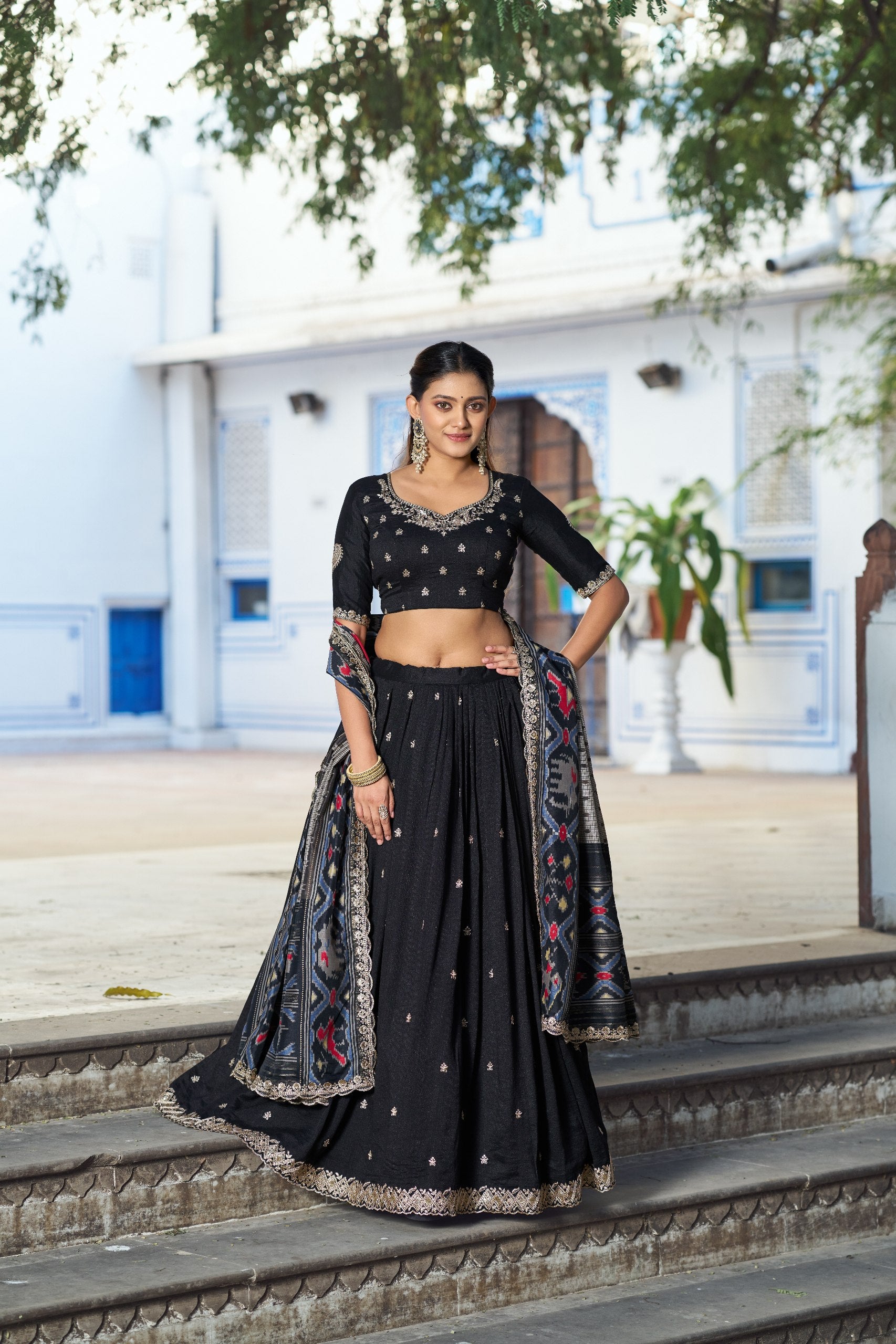 Premium Vichitra Silk Embroidered Lehenga Set