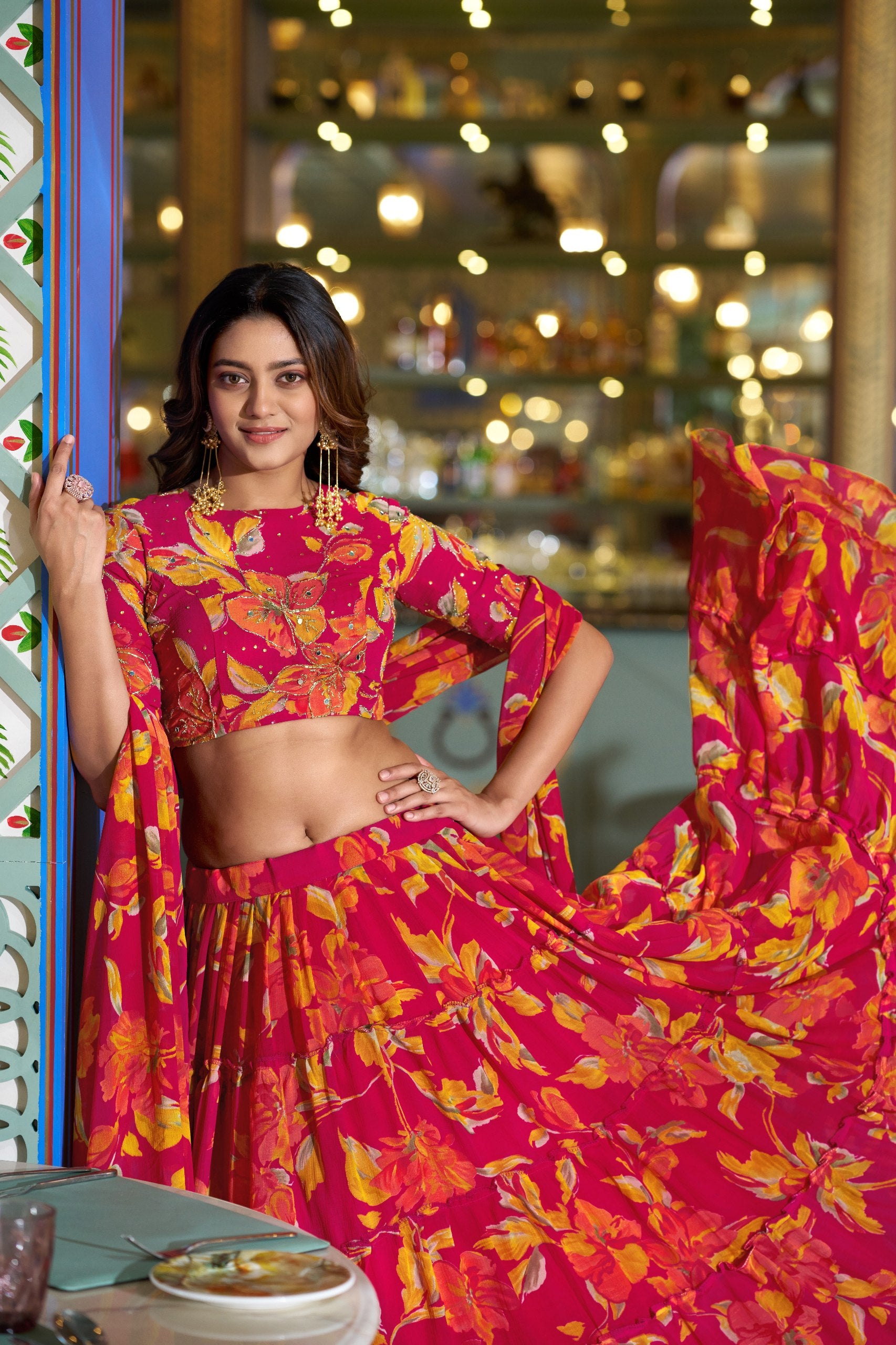 Designer Floral Printed Marble Lehenga Choli Set